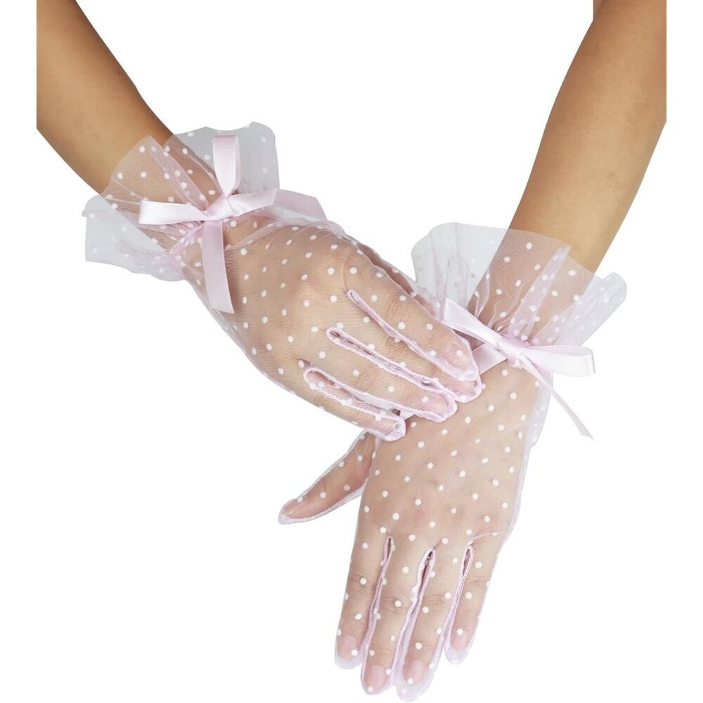Women's Evening Pink Bow Short Lace Gloves Ruffles Wedding Party Accessories